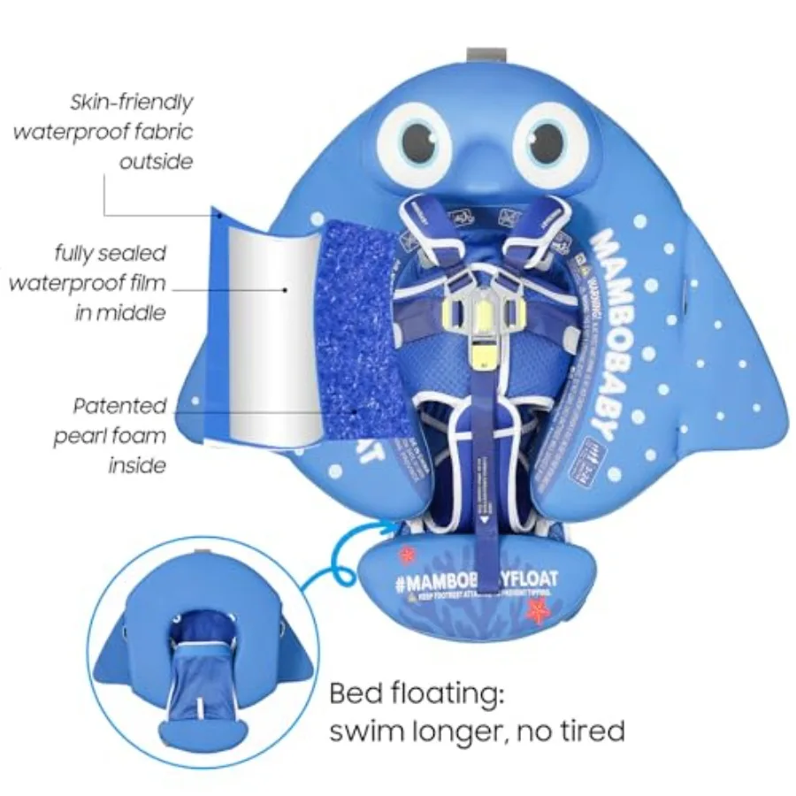 Baby pool float for outdoor water play, pearl foam material, blue color, non-inflatable upgraded design with canopy and tail fo