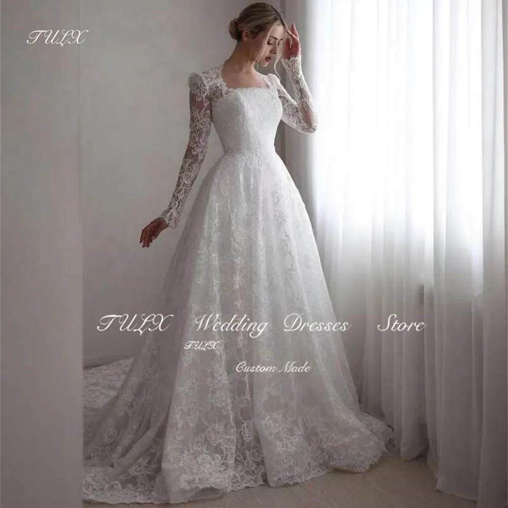 

TULX Modest A Line Luxury Lace Wedding Dresses Vintage Long Sleeves Square Neck Sweep Train Bridal Gowns Robe De Marriage