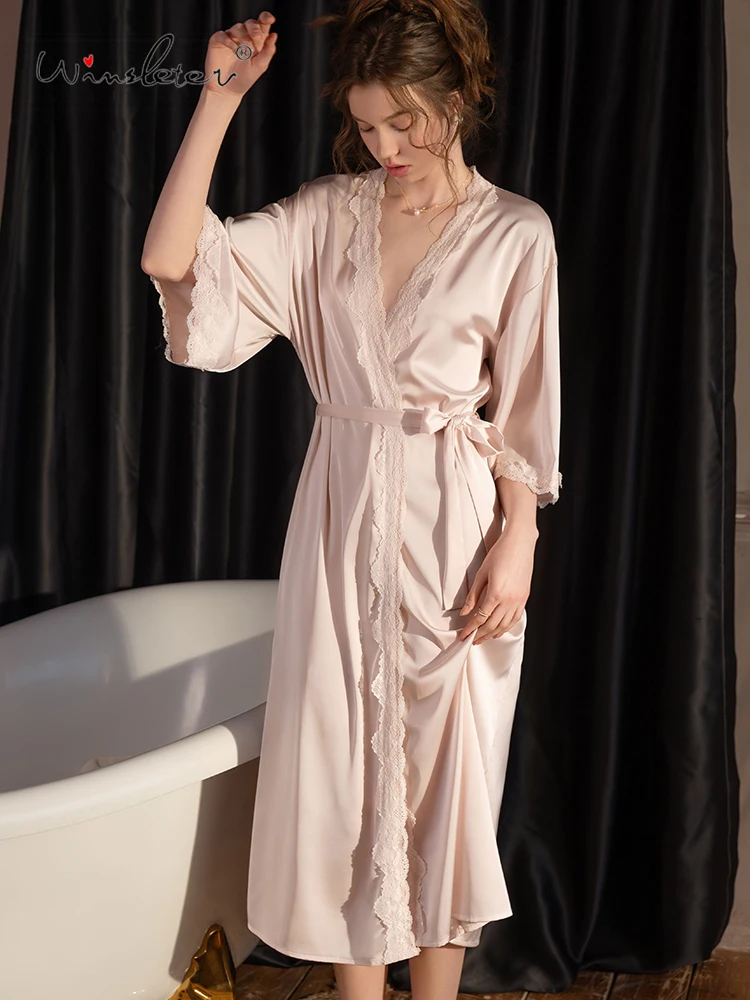 

Winsleter-Women Sexy 3/4 Sleeve Night-robe, Lace Lace-up Bathrobe, French Loose Long Bride Pajamas Robe, 2025 Autumn P57092CC