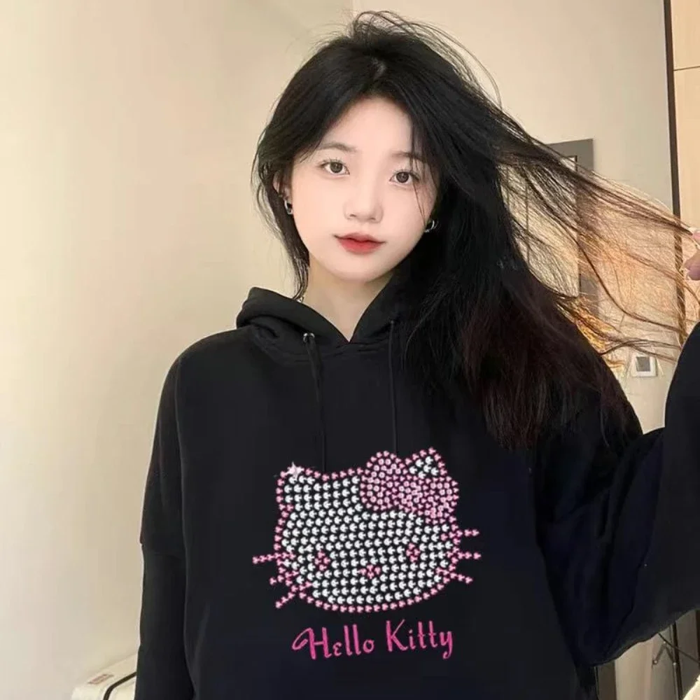 Miniso Hello Kitty T-shirt with Shiny Rhinestone Pattern Hooded Sweater Y2k Women's Cute Hooded Sweater Loose Top Autumn Outfit