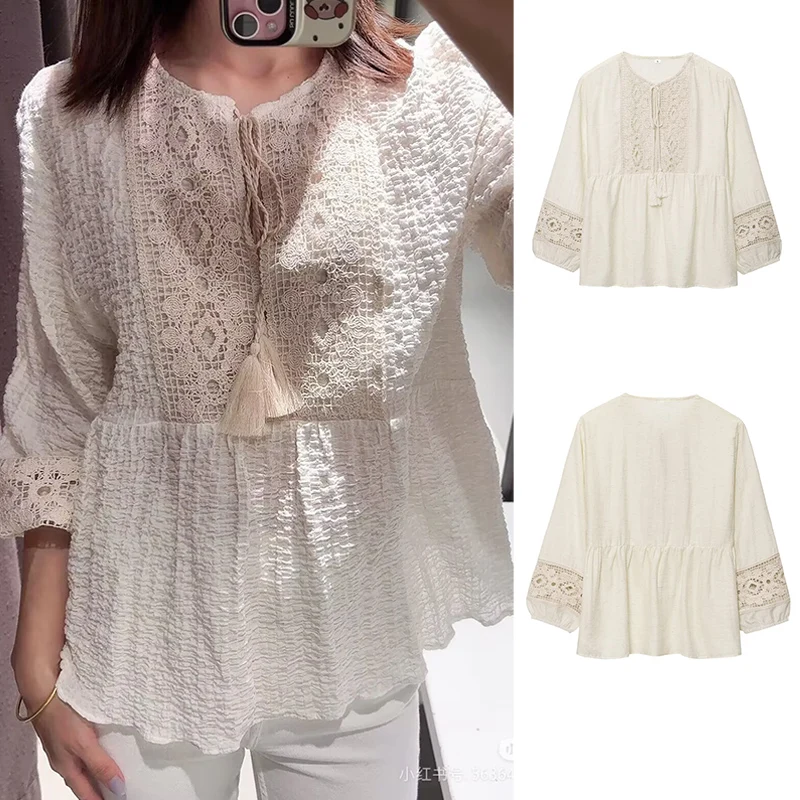 

Summer Shirts Women's 2025 New Loose O-neck Lace Decoration Thin Elegant Women's Shirts Tops Chic Simple Travel Blouses