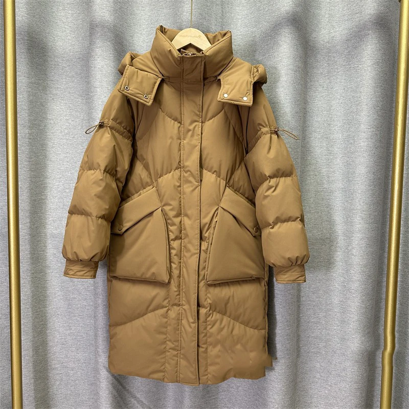 

Winter Hooded Knee Length Warm Down Jacket Female Zipper Thicken Long Jackets Women White Duck Down Big Pocket Parker Outwears
