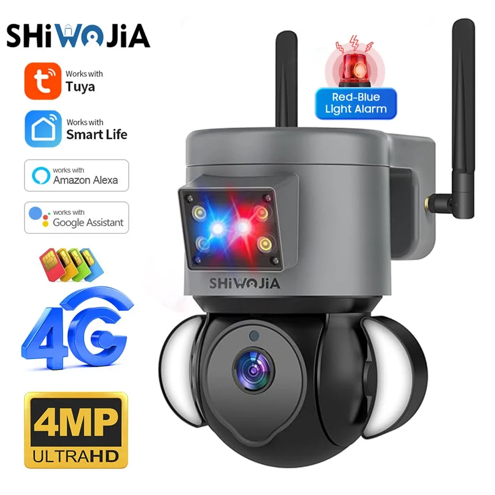 SHIWOJIA TUYA PTZ IP Camera 4G Sim Card 4MP Video Alarm Surveillance Cameras Outdoor Speed Dome Camera CCTV Security Protection