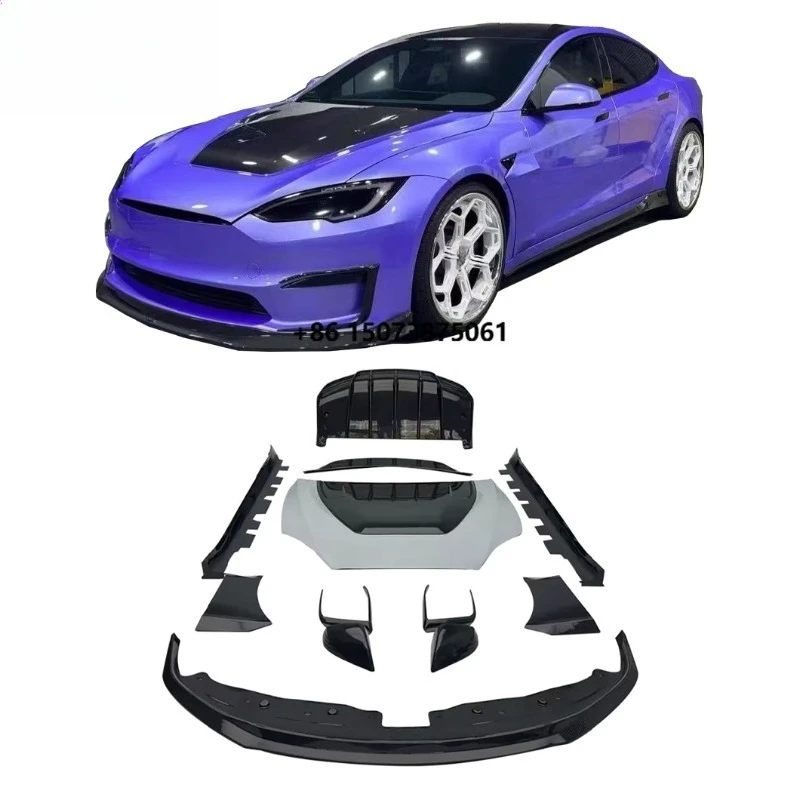 PU Carbon Wholesale Dry Carbon Fiber Front Bumper Lip Side Skirts Rear Diffuser Spoiler Hood  Model S 19+ V Style Body Kit