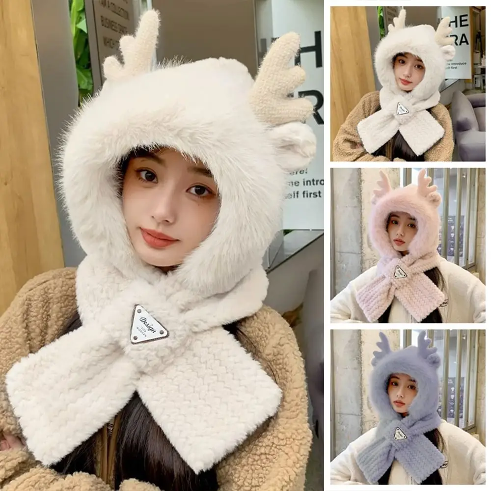 

Fashion Soft Fur Women Hooded Scarf Elk Antler Cross One Piece Hat Scarf Windproof Winter Ear Protection Hat Neckerchief