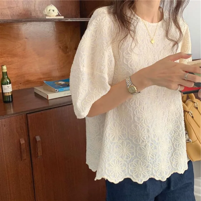 French Lace Bubble Sleeve Lightweight Blouse Women's Summer New Design White Short Shirt