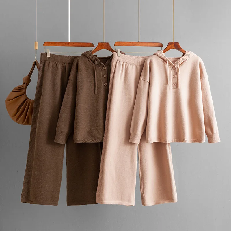 

Autumn Winter 2025 New Fashion Women's Solid Color Casual Trendy Loose Knitted 2 Piece Sets Hooded Sweatshirts Wide Leg Trousers