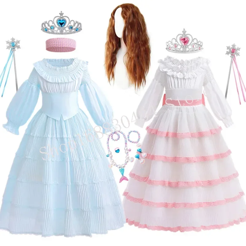 2023 Halloween Cosplay The Little Mermaid Princess Dress for Girls Children Cake Tiered White Blue Princess Lolita Mermaid Dress