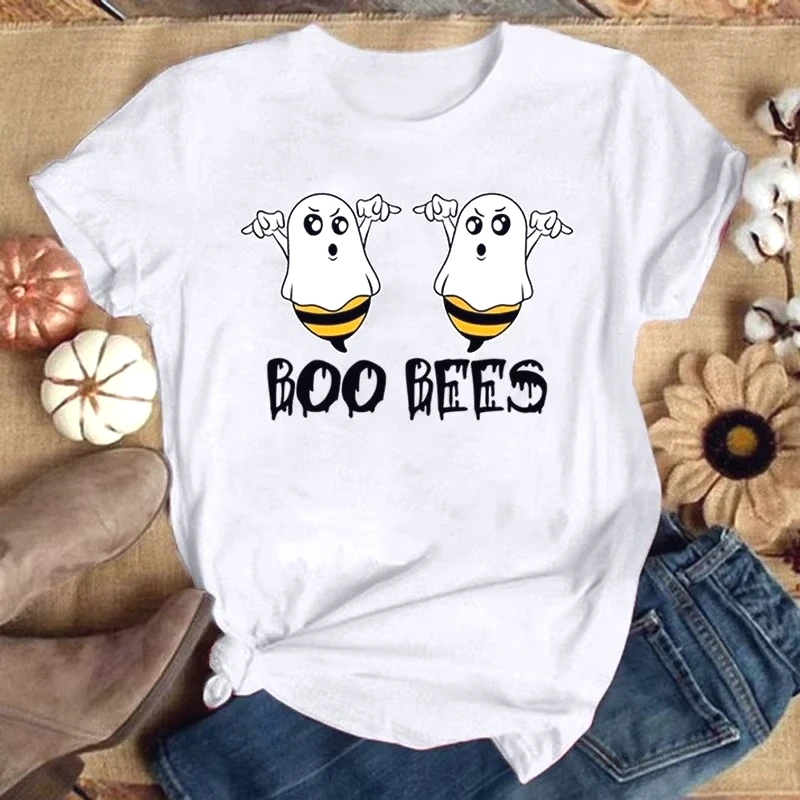 Halloween Short Sleeve Tee Shirt Femme Funny Boo Bees Letter Print Clothes Casual Kawaii Women  Harajuku Clothing Free Shipping