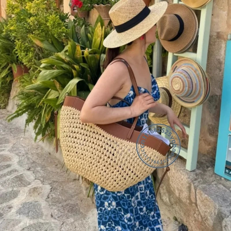 Hollow-out Raffia and Pu Leather Beach Bag Summer Casual Beach Bucket Bag Large Capacity Straw Beach Tote Handbags