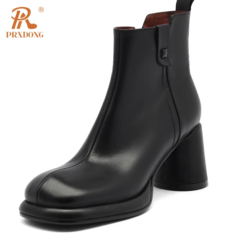 PRXDONG Genuine Cow Leather Autumn WInter Women's Shoes CHunky High Heels Platform Retro Zipper Dress Party Work Ankle Boots