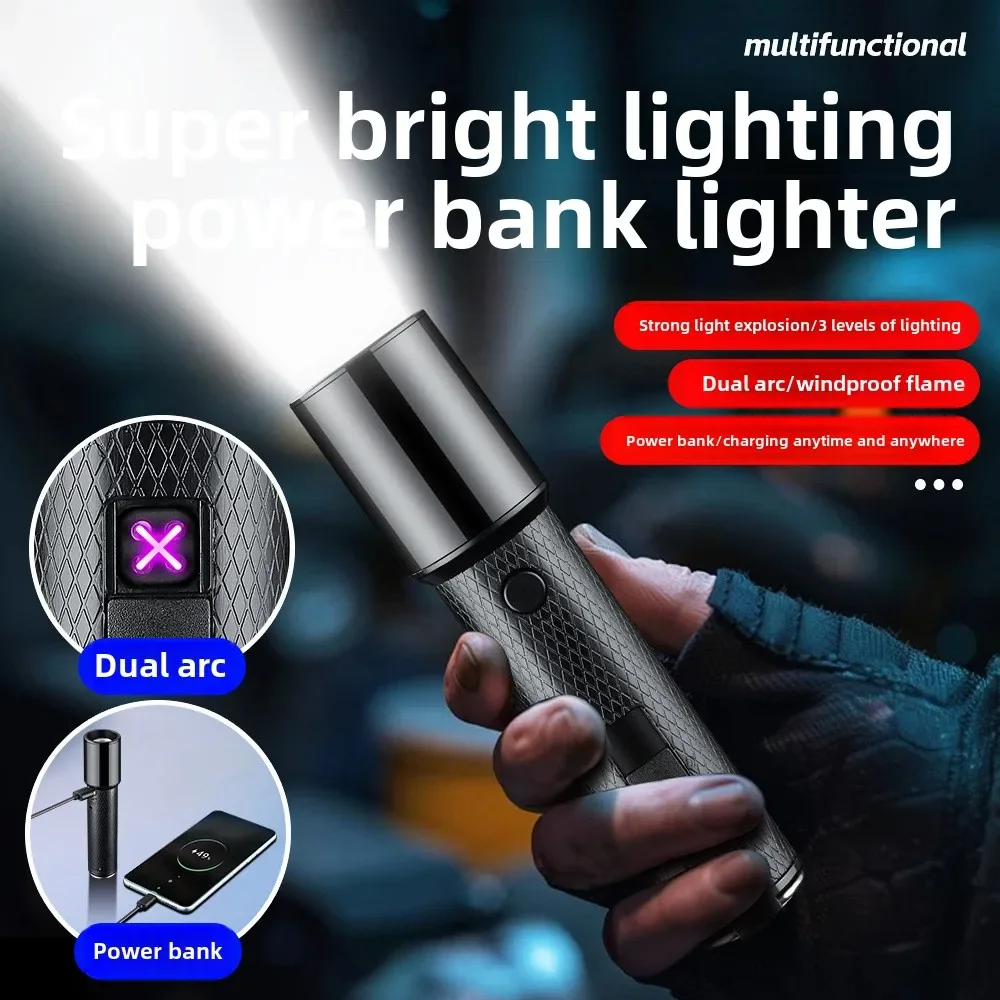 

Creative flashlighter three-block strong light flashlight double lighter multifunction power bank portable travel usb Smoking