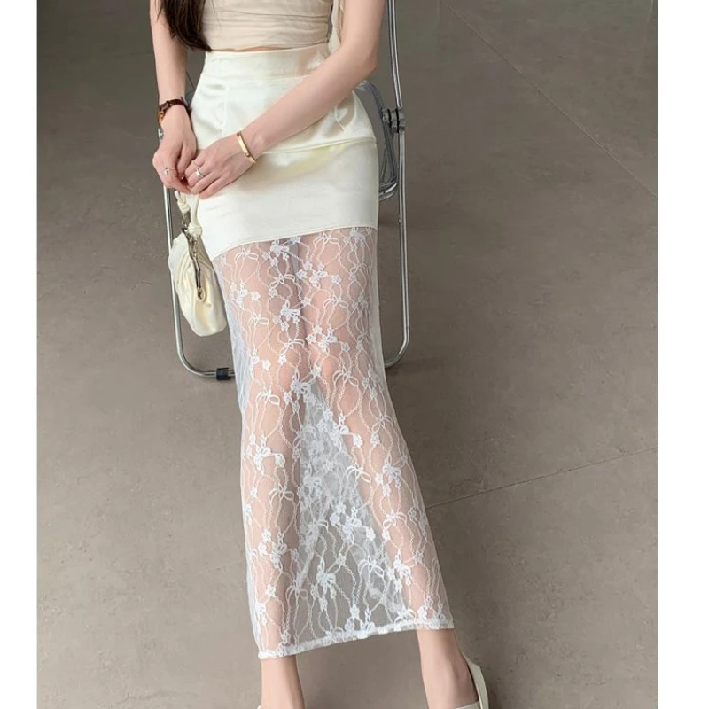 เย็บลูกไม้กระโปรงเอวสูงลูกไม้ตะขอดอกไม้ชุด 2025 ฤดูใบไม้ผลิและฤดูร้อนแฟชั่น Girlish Commuter ชุดสตรี