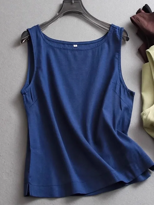 

Blue Linen Cotton round Ne Svel Tank Top Women Summer 2025 New Loose Outerwear Simple Inner Match Base irt