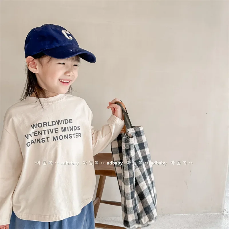 Korean Style Autumn Causal Shirts for Baby Boys Girls Letter Print Grey Beige Pullover Undershirts Long Sleeves Kids Tops Tees