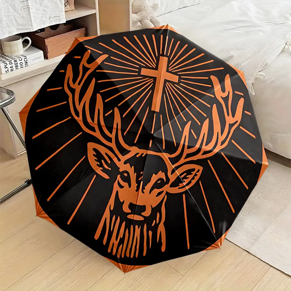 Orange Deer Head with Cross Graphic on Black Background portable waterproof sun rain umbrella for outdoor travel beach
