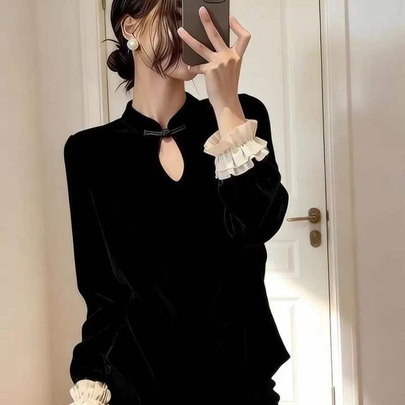 New Chinese Peach Pink Velvet Shirt Autumn and Winter Inner and Outer Bottoming Shirt National Style Improved Hanfu Buttonup Top