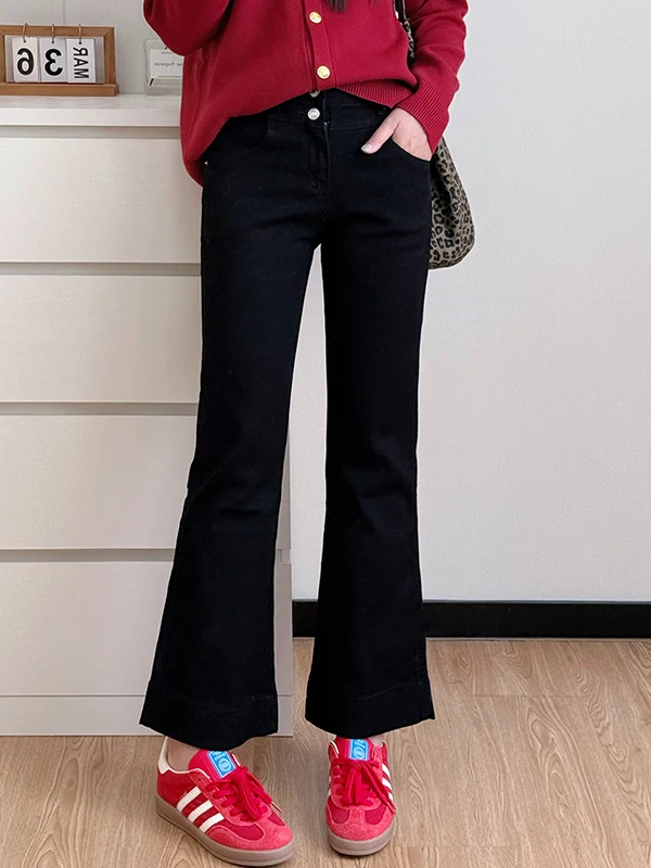 

Джинсы-клеш с высокой талией, большие размеры, женские модные осенние новые утягивающие расклешенные брюки в стиле ретро, корейские эластичные брюки средней длины