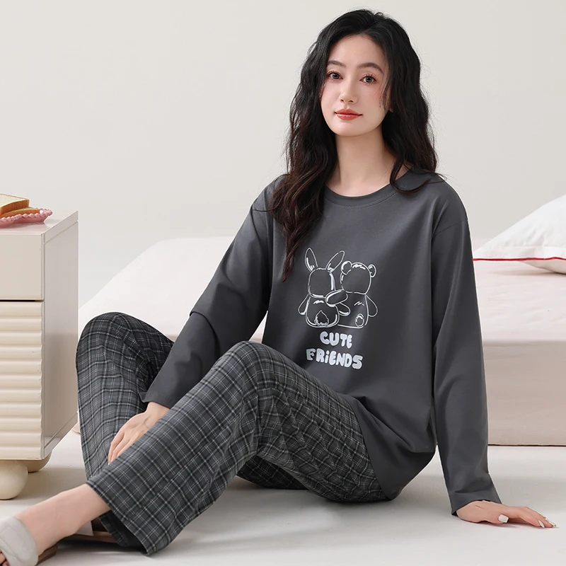 

Big Size M-3XL Spring and Autumn Knited Cotton Pyjamas Female Cute Cartoon Long Sleeve Casual Sleepwear