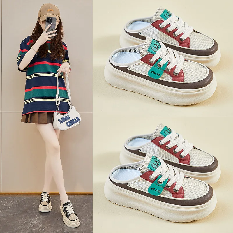 

5 см сетчатые сандалии с закрытым носком, получешки на платформе для женщин, туфли-лодочки, повседневные туфли-лодочки с полудрагибом, лоферы на толстой подошве, тапочки 2025