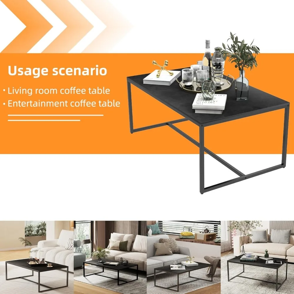 Rectangular Sintered Stone Coffee Table with Black Metal Frame for Living Room - Sleek Black Sofa Centerpiece