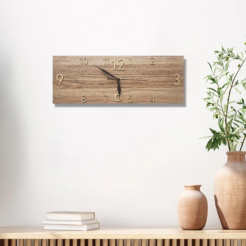 Retro Rectangular Wooden Wall Clock Stereo Digital  Home Living Room Office Decoration Wall Hanging Watch Quartz Clock