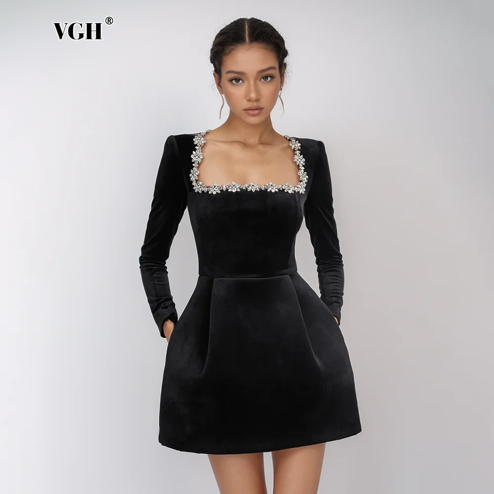 

VGH Sexy Spliced Diamonds Party Dress For Women Square Collar Long Sleeve High Waist Elegant Slim Short Dresses Female Fashion