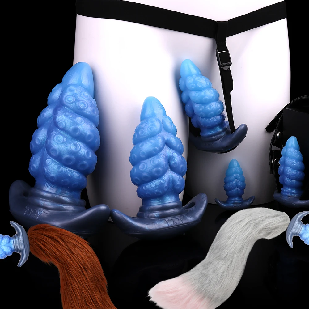 ELKKOST الأزرق سيليكون بعقب المكونات مع ذيل كبير حجم S M L XL XXL التحكم اللاسلكي هزاز قضيب جلدي يمكن ارتداؤها الشرج ألعاب جنسية #2