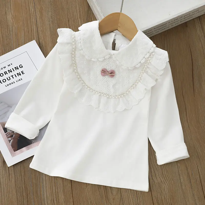 Children\'s  Shirts School Girls White Tops Long Sleeve Lace Shirts Kids Shirt Baby Toddler Teen Casual Children Clothes