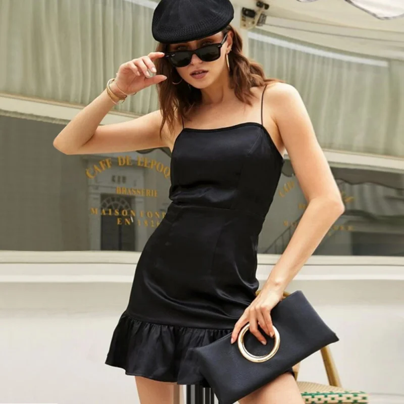 

YQ1-Women's Sexy Slim Satin Solid Color Strap Bodycon Dress Women's Suspender Dress