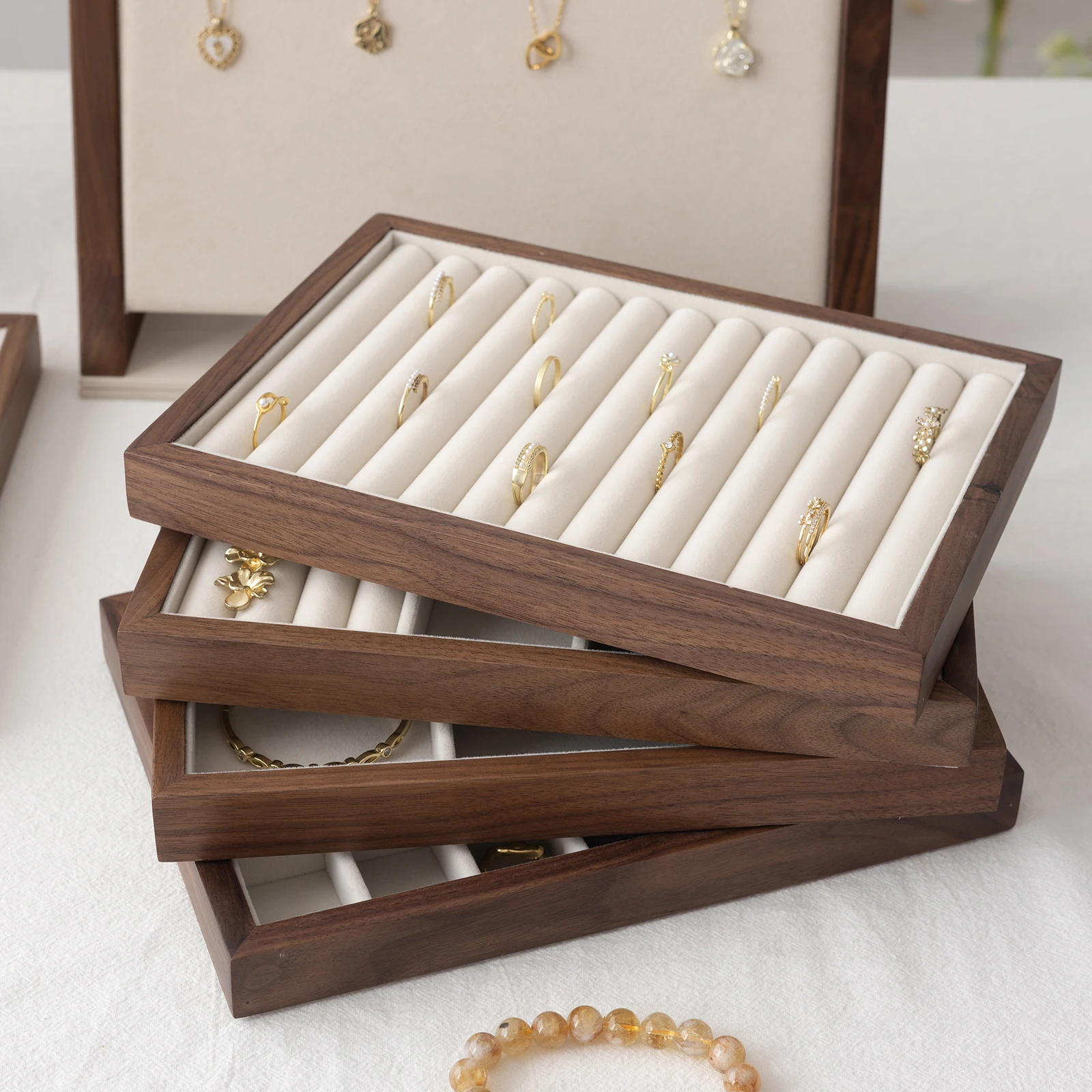 Walnut Wood Grain Jewelry Display Tray, Retro-Style Earrings, Rings, Necklace And Pendant Storage Tray