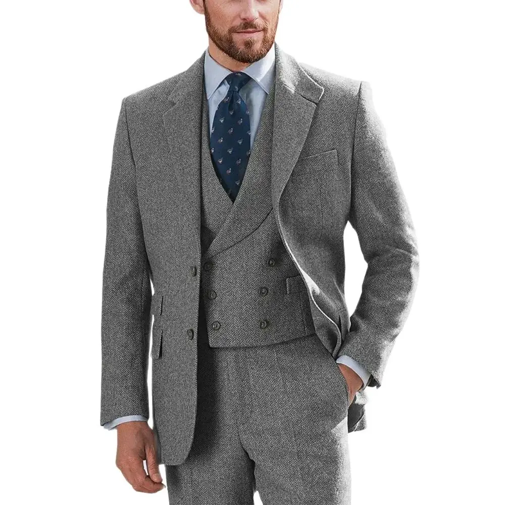 

Men's Suits Winter Pants Men Vest Suit Man 3 Pieces Blazer Sets Groomsmen Tweed Tuxedos for Wedding Blazer+Pants+Vest