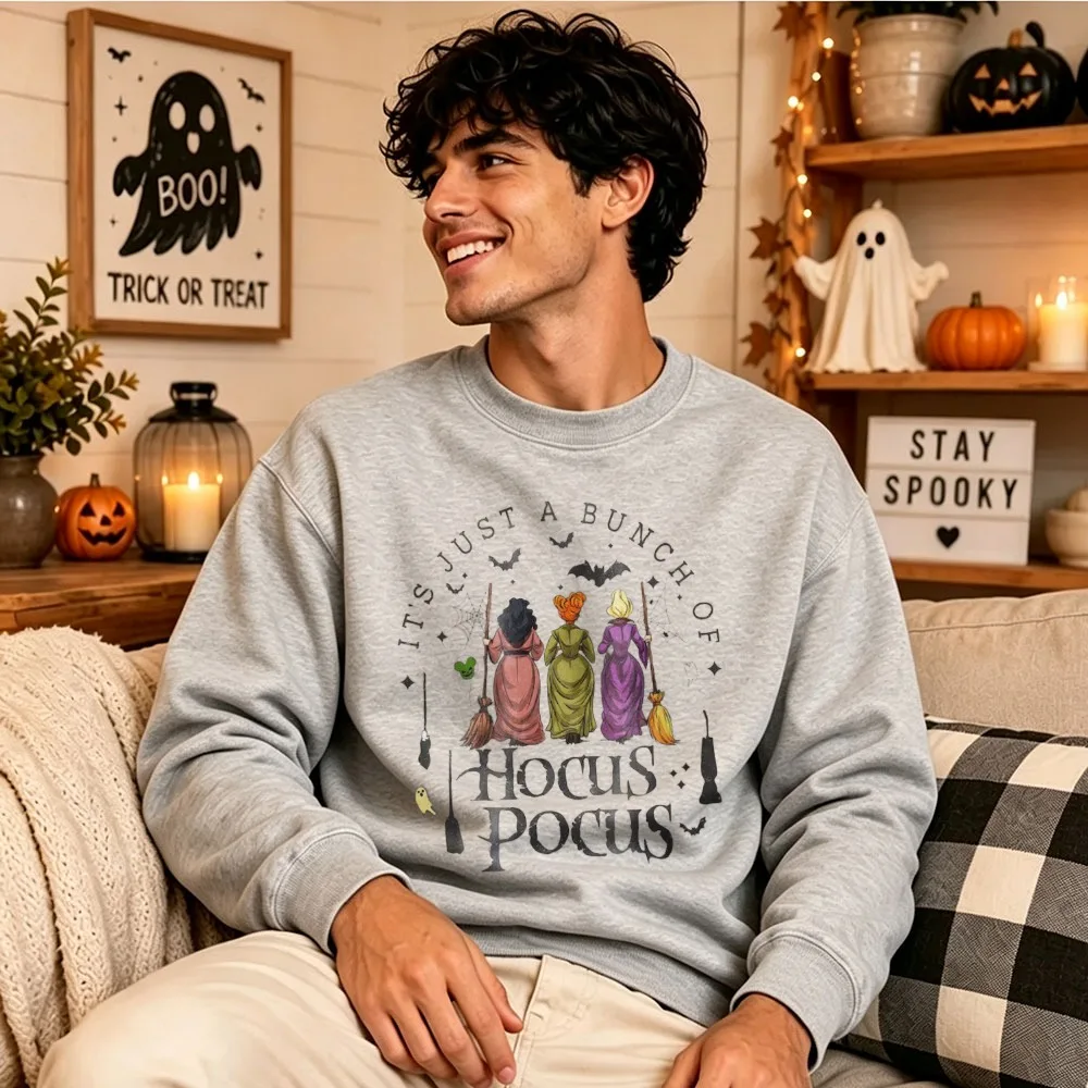 Hocus Pocus Sanderson Sisters Pullover It's Just A Bunch of Hocus Pocus Witch Broom Bat Ghost Halloween Print Casual Fall Tops