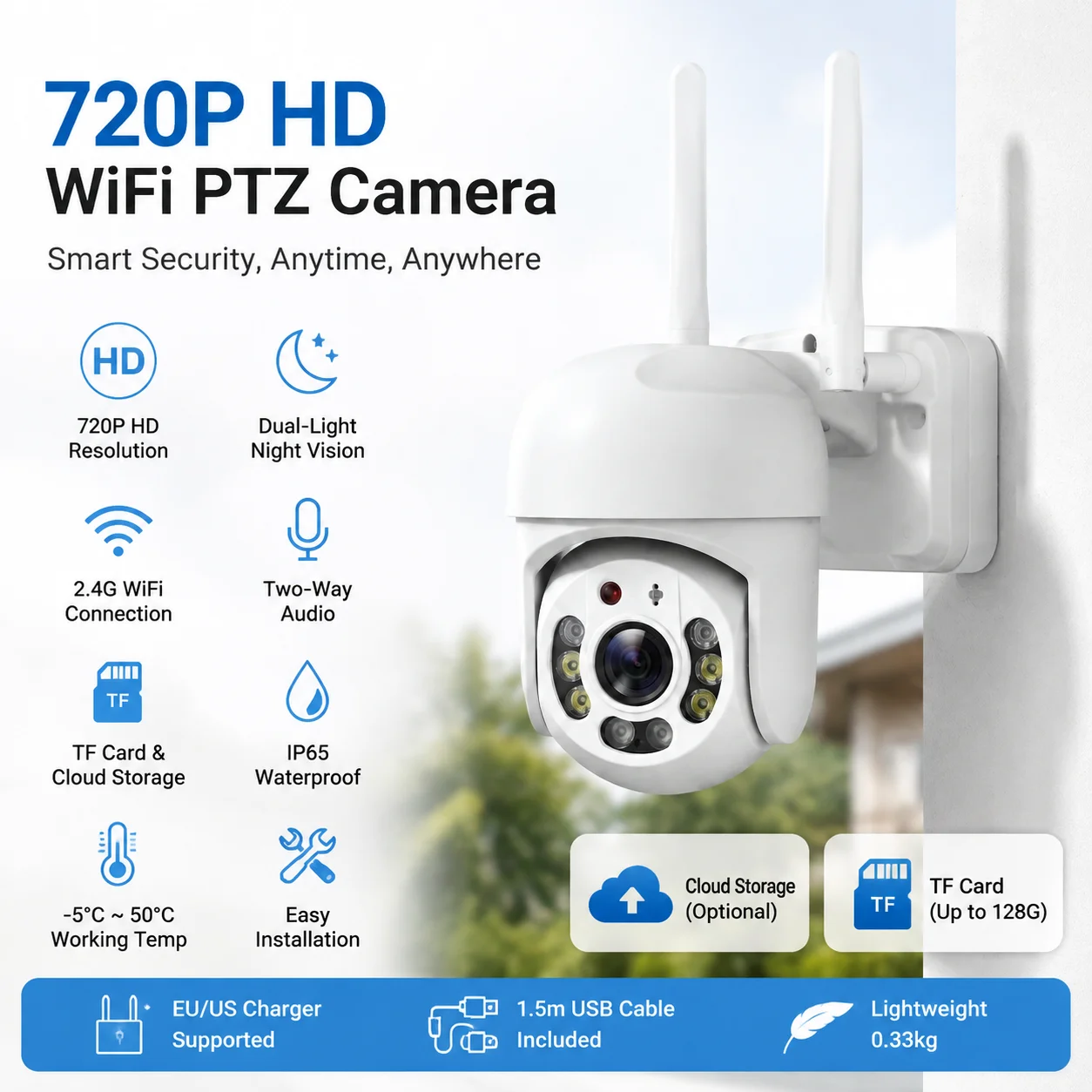Outdoor 1080P WiFi Security Camera with TwoWay Audio IP65 Waterproof Night Vision TF Card  Cloud Storage 15m USB Cable