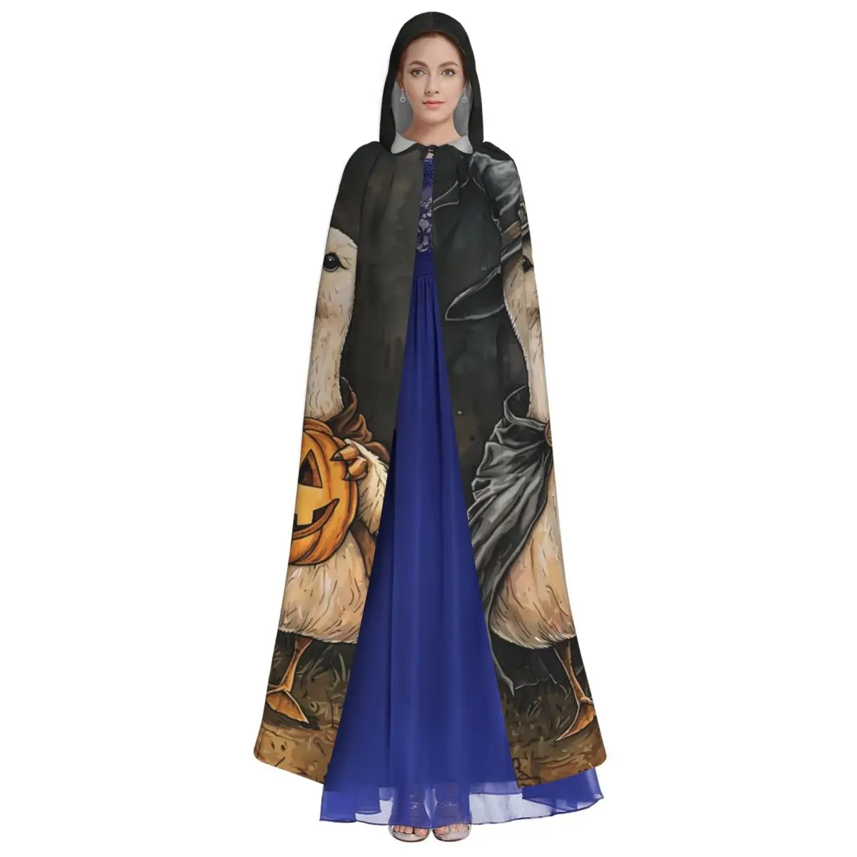 Aldult Spooky Goose Halloween Cloak with Hood Pumpkin Bats Grim Reaper Robe Costume for Party