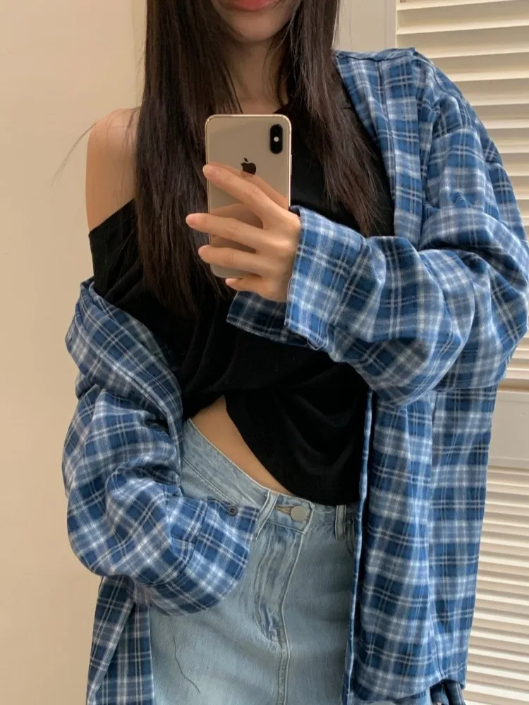 

Korean Sle Vintage Plaid irt Jaet Women's Faion Lazy Match All Seasons Loose Top Autumn 2025 Polyester Fiber