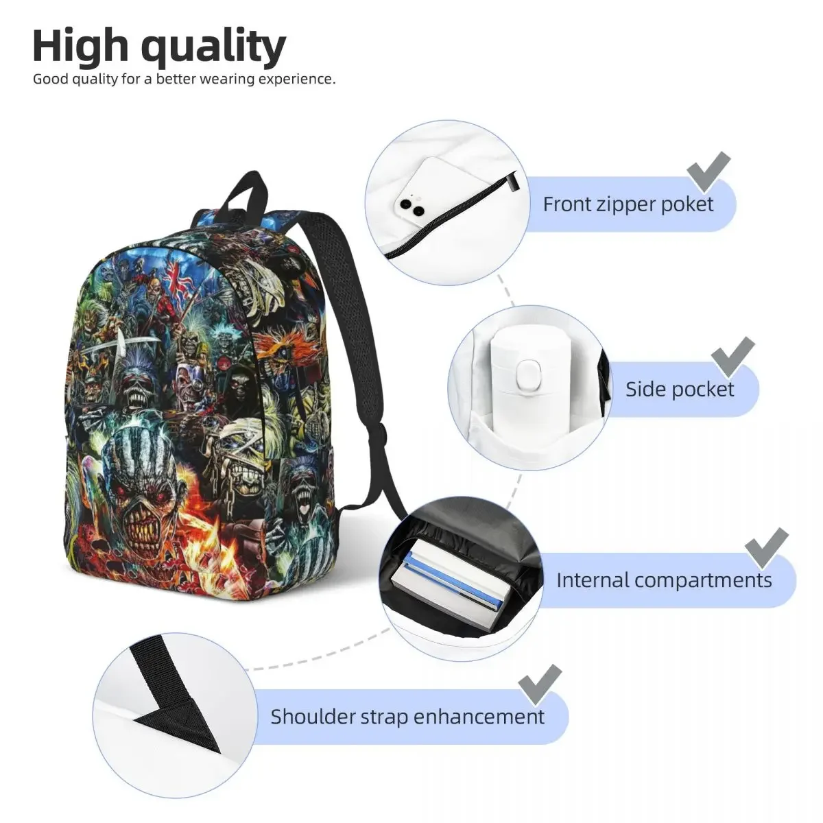 Iron Maidens Music Rock Backpack for Men Women Fashion Student Hiking Travel Daypack College Shoulder Bag Durable