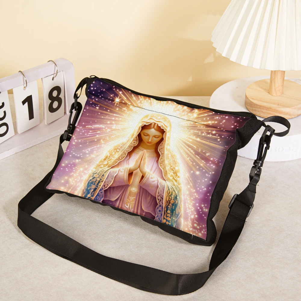 Religious Crossbody Bag Black Virgin Mary With Golden Light And Stars Print Shoulder Bags For Church Prayer And Daily Use Women