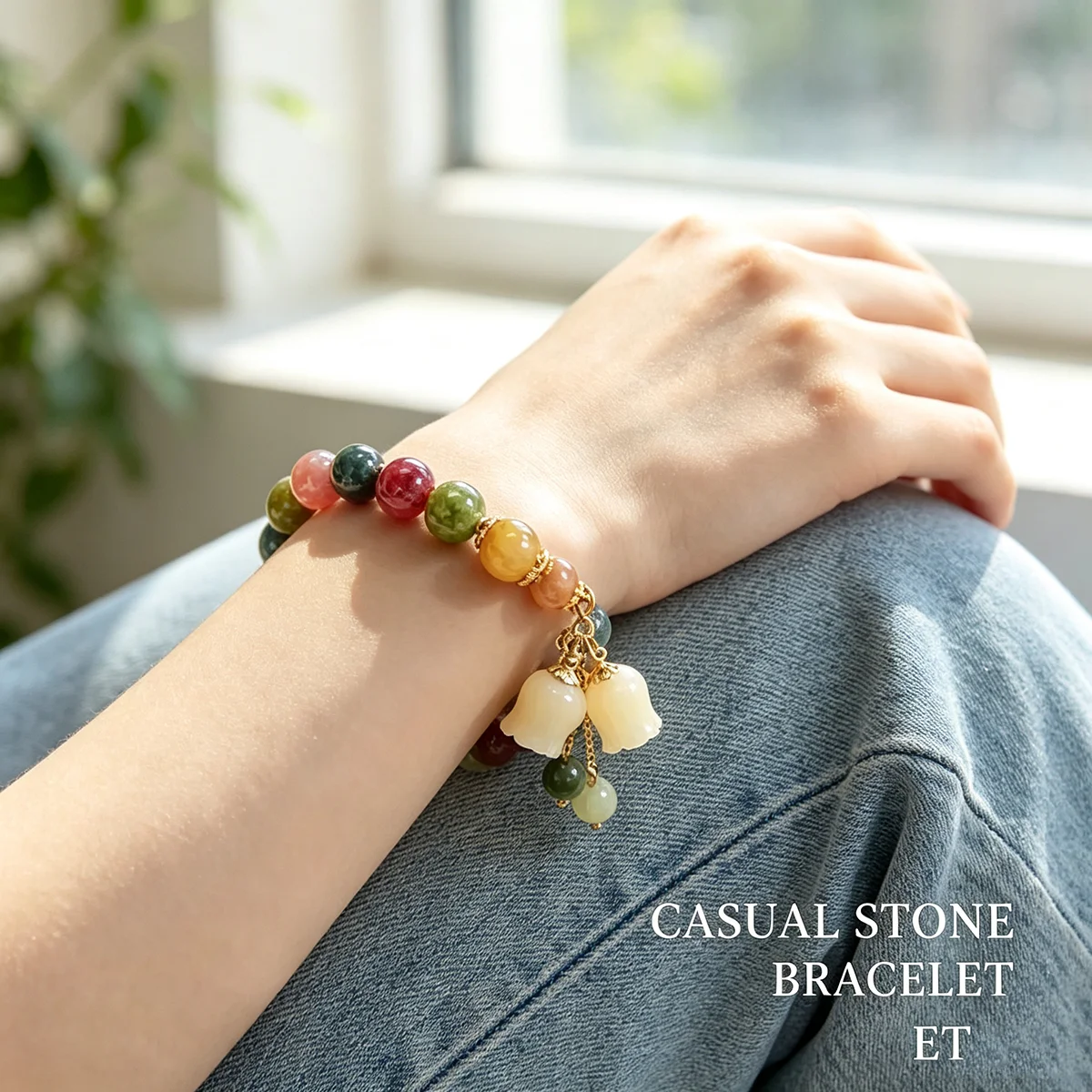 Vintage Antique Style Beaded Bracelet, Chinese Multi Gemstone Wristband with Carved Lily of The Valley Pendant, Retro Heirloom Aesthetic Jewelry Gift for Classic Fashion Lovers image 2