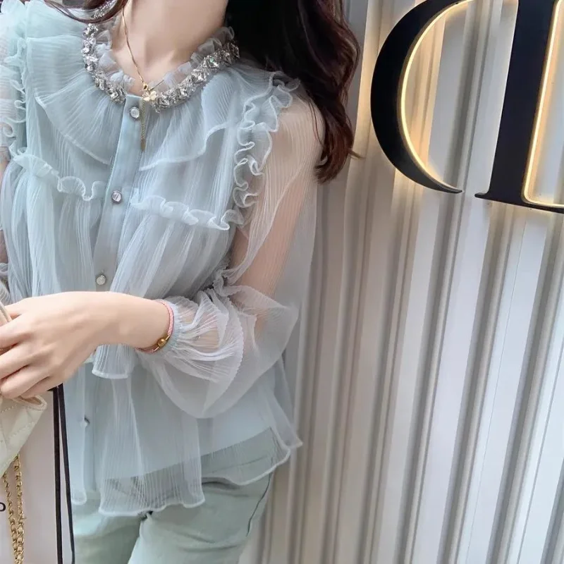 Spring Women's Clothing Ladylike Long-sleeved Western-style Hollow Chiffon Shirt