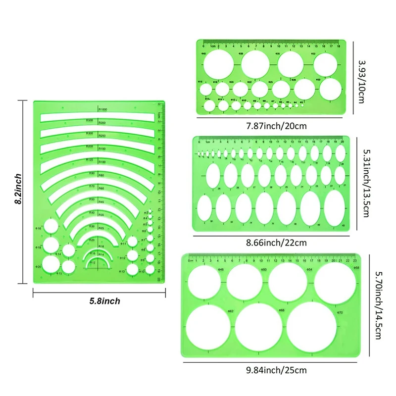 4 Pieces Template Plastic Rulers Circle Oval Circle Radius Drawing Templates For Office And School Supplies Clean Green