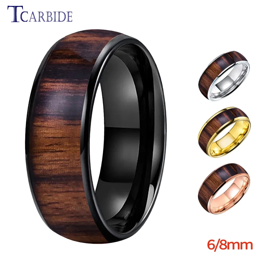 6MM 8MM Men Women Tungsten Carbide Ring Wedding Band Domed Polished With Dark Wood Inlay Trendy Gift Jewelry Comfort Fit