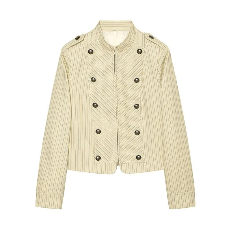 New Products Refreshing Trendy Navy Striped Front Shoulder Double-breasted Jacket 2026 Spring and Autumn New Cross-border Coat