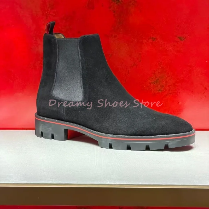 

Men's Black Suede Slip On Ankle Boots Leather Round Toe Low Heels Elastic Short Boots Fashion Luxury Business Formal Men Shoes