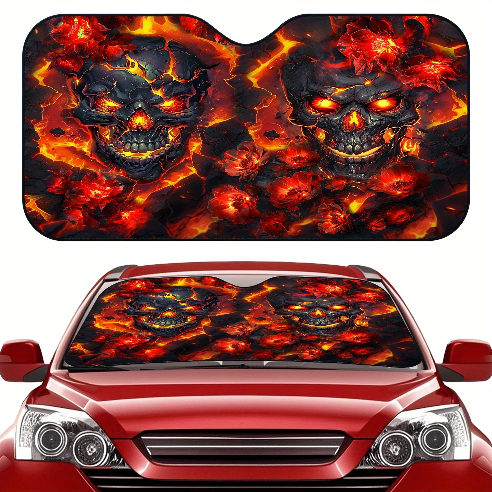 Sunscreen, a Hot Skull Design Surrounded by a Red Flower, Car Sunshade, Foldable, Easy to Install, Universal, UV Protection And