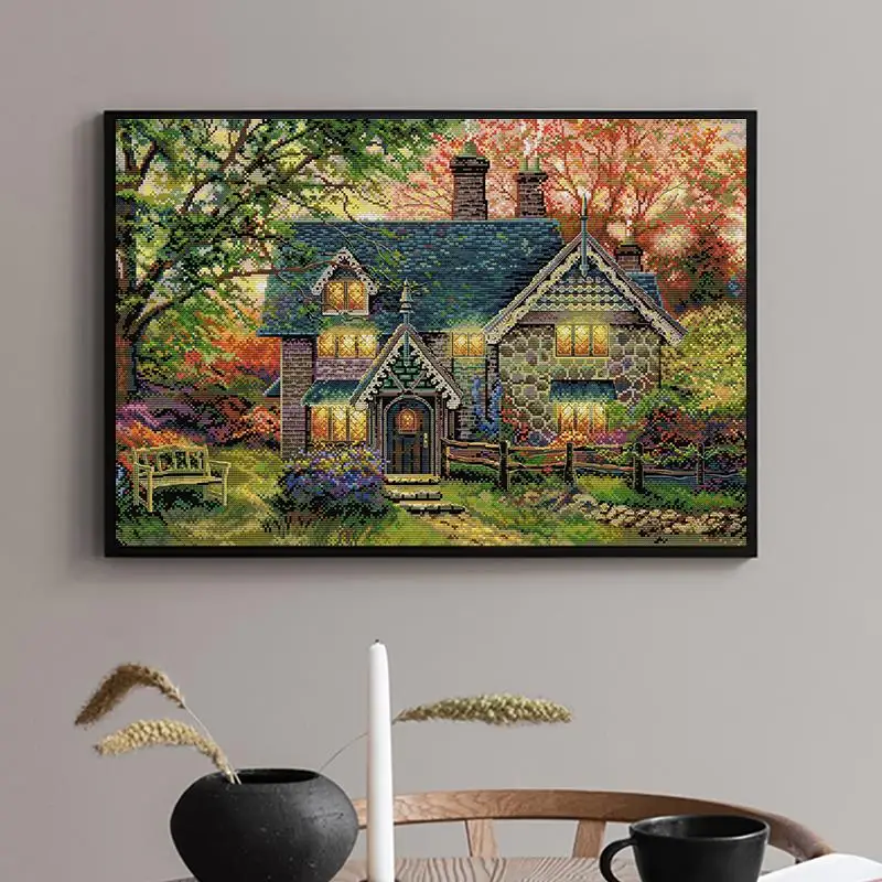 Autunno Giardino Cottage Stampato Punto Croce Kit 14ct 16ct 11ct Conte Stampato Tela Ricamo Fatto A Mano FAI DA TE Cucito Decorazioni Per La Casa