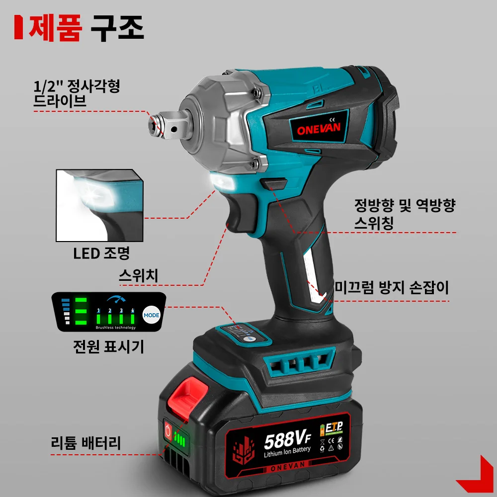 ONEVAN 1200N.M Torque Brushless Electric Impact Wrench 1/2 Inch Cordless Electric Wrench Power Tools For Makita 18V Battery Pin