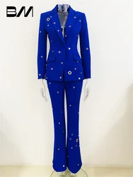 Fashion New Heavy Industry Metal Hole One Button Suit Jacket Pants Suit Two Pieces 2PCS Women Office Wedding Women's Suit Suit