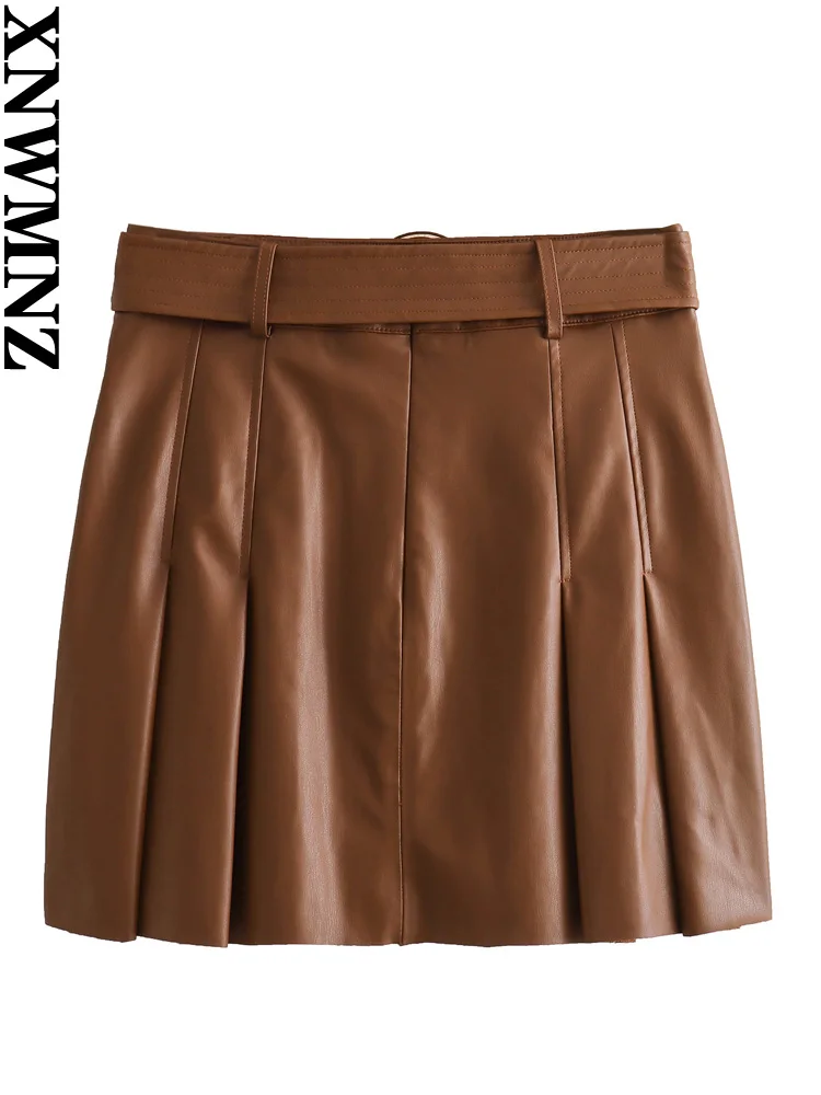 XNWMNZ Women's Fashion 2023 Autumn/Winter Faux Leather PU Box Pleat Mini Skirt Women High Waist Belt Versatile Female Skirt