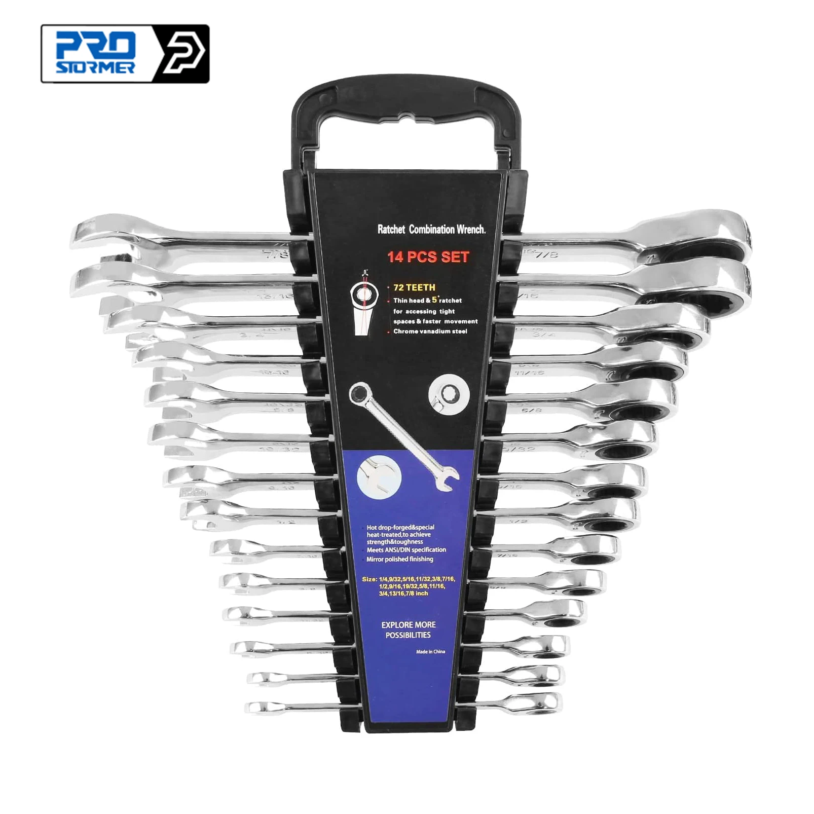 14-Piece Ratcheting Wrench Set  SAE 1/4”-7/8” Chrome Vanadium Steel Combination Wrench set with Wrench Rack PROSTORMER